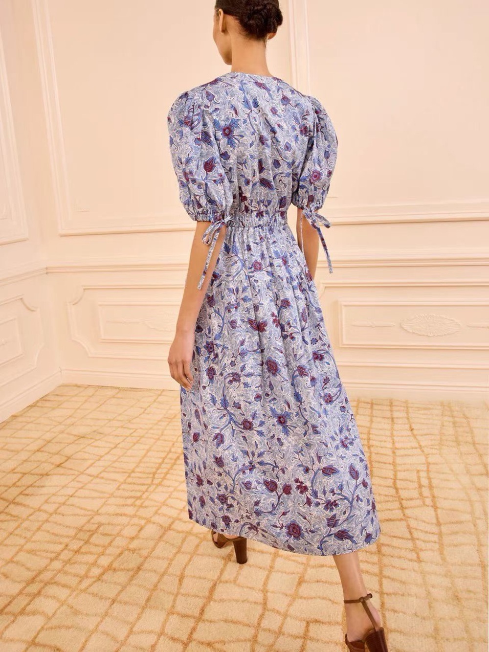 NWOT Ulla Johnson Blue Floral Puff-Sleeve Cotton Midi Dress, Size US 2/4/6/8 - Picture 2 of 7